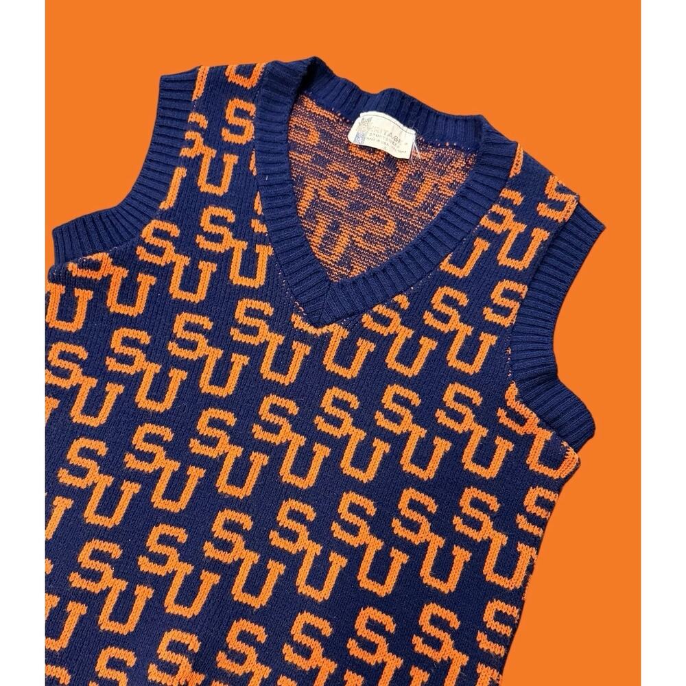 Syracuse University Vintage Orange +Blue Sweater Vest SU‎ Logo Design Mens Small